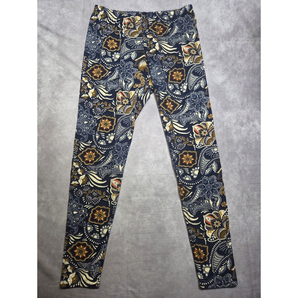North Style Blue Paisley Floral Knit Leggings Large Elastic Waist Boho Comfort